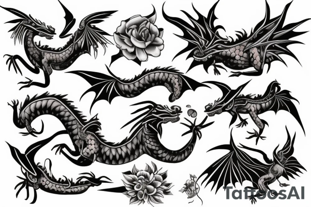 fly dragon on flower tattoo idea