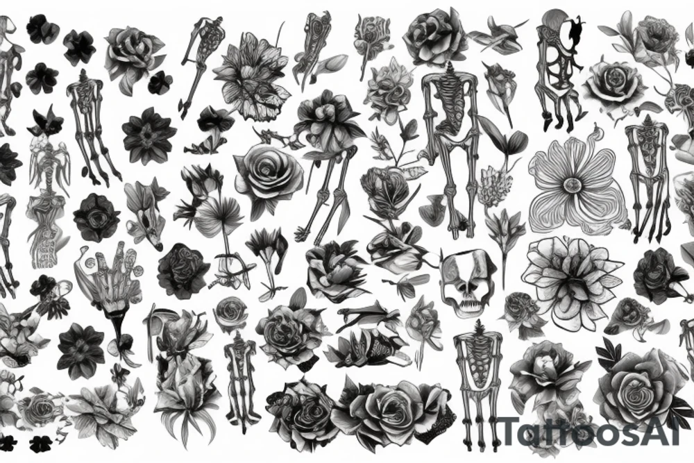 Exotic flowers and skeleton tattoo idea
