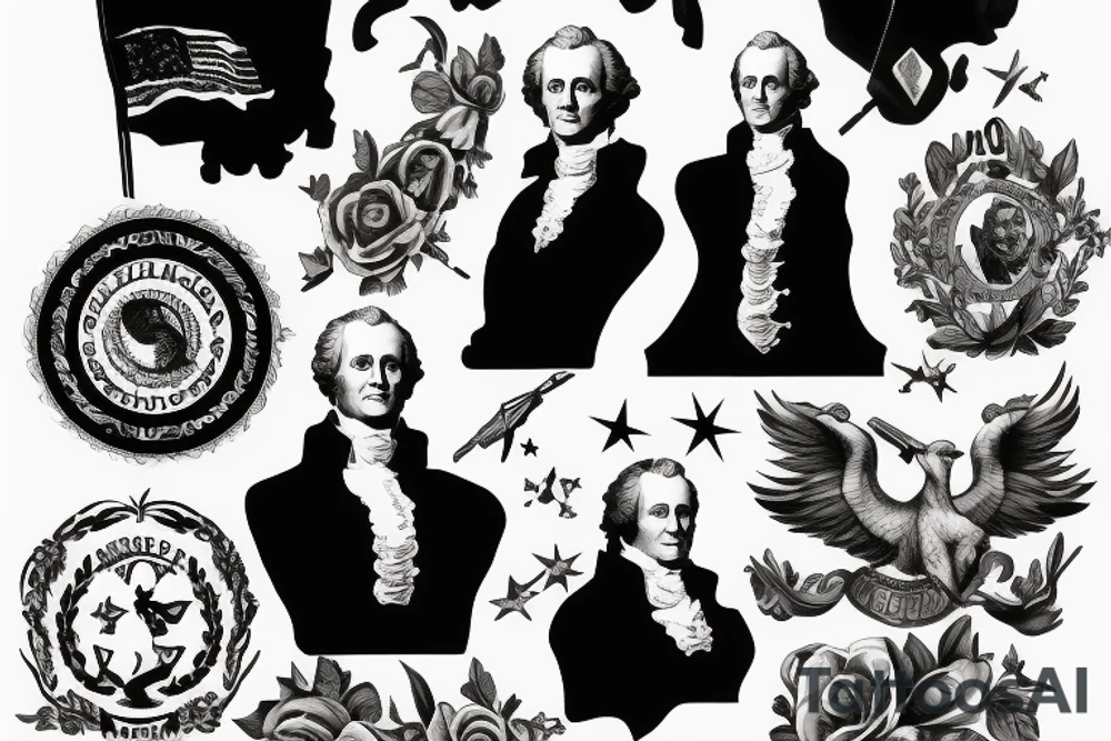 Alexander Hamilton in silhouette pointing up at the sky defiantly tattoo idea