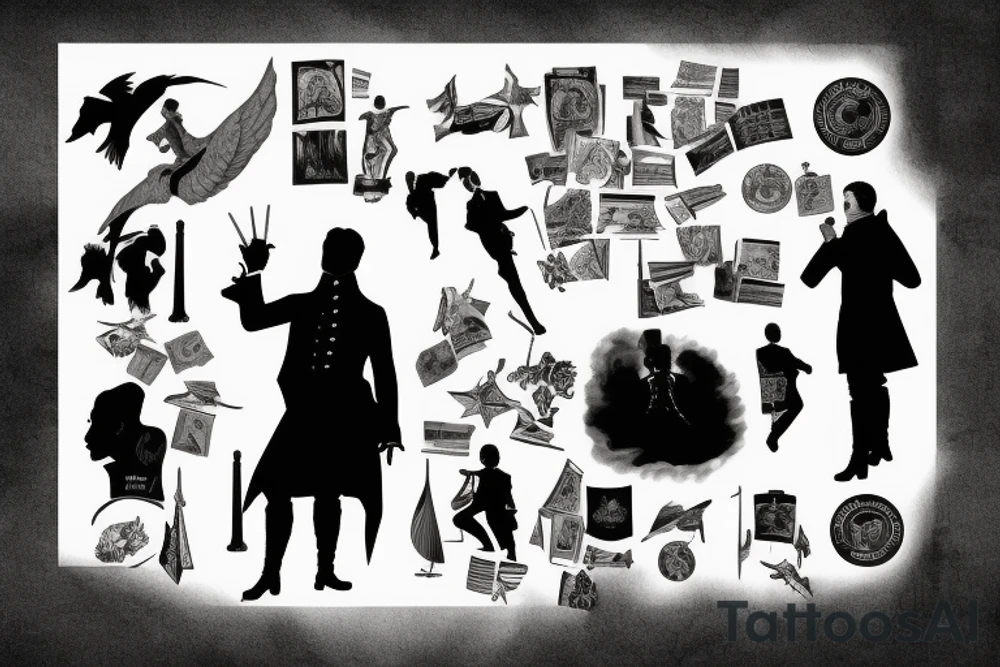 Alexander Hamilton in silhouette pointing up at the sky defiantly tattoo idea