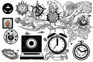 a dreamscape of computers and an astrological clock and a sunrise tattoo idea