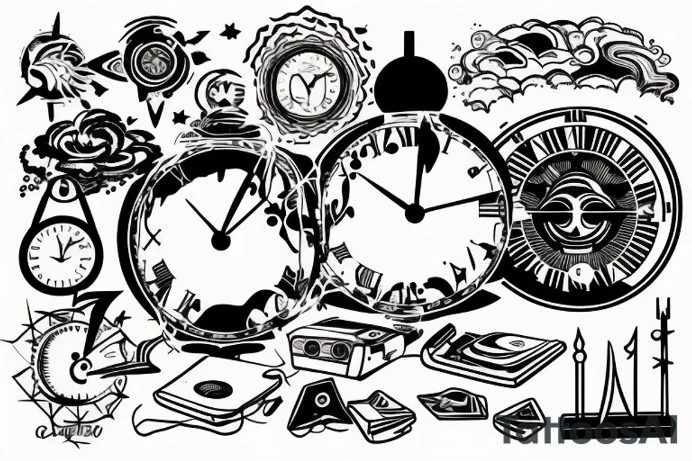 a dreamscape of computers and an astrological clock and a sunrise tattoo idea