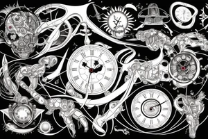 a dreamscape of computers and an astrological clock and a sunrise tattoo idea