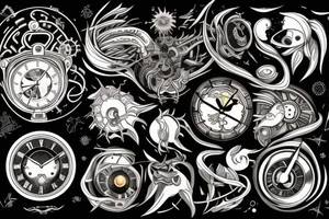 a dreamscape of computers and an astrological clock and a sunrise tattoo idea