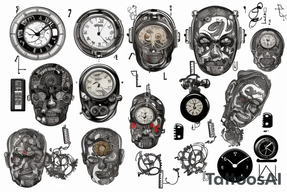 a clock, computer, motherboard, circuits and musical notes that combine to make Alexander Hamilton's face tattoo idea