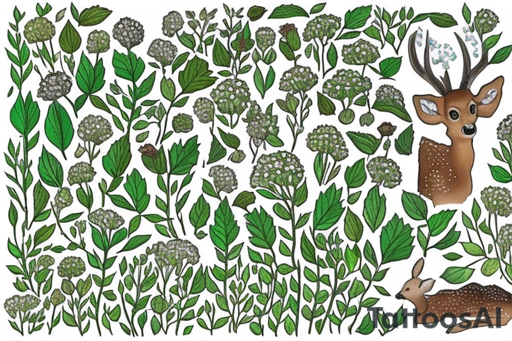 A clearing with a baby deer sleeping peacefully. There are apples nearby. The scene is in the woods, green coniferous and deciduous trees. The scene is surrounded by wildflowers and other foliage. Also include roses, asters, lily of the valley, minimal carnations. Incorporate the quote “sans peur” tattoo idea