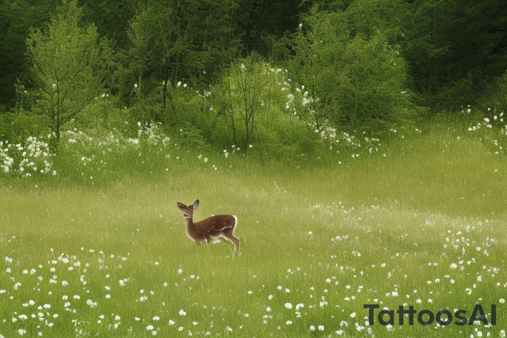 A clearing with a baby deer sleeping peacefully. There are apples nearby. The scene is in the woods, green coniferous and deciduous trees. The scene is surrounded by wildflowers and other foliage. Also include roses, asters, lily of the valley, minimal carnations. Incorporate the quote “sans peur” tattoo idea