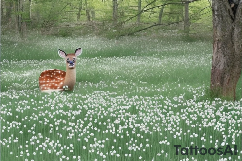 A clearing with a baby deer sleeping peacefully. There are apples nearby. The scene is in the woods, green coniferous and deciduous trees. The scene is surrounded by wildflowers and other foliage. Also include roses, asters, lily of the valley, minimal carnations. Incorporate the quote “sans peur” tattoo idea
