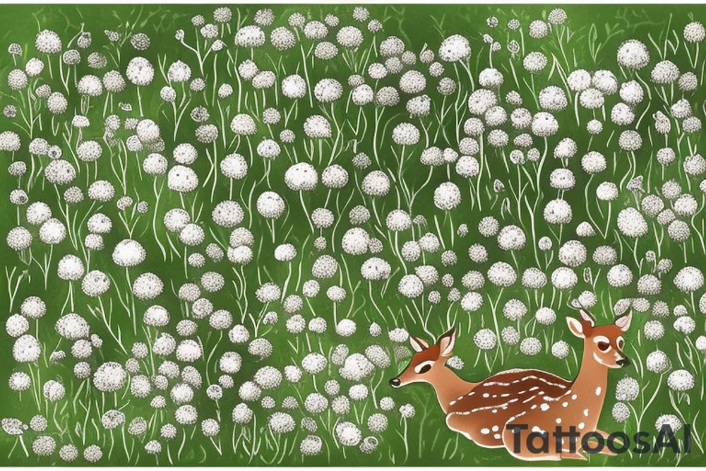 A clearing with a baby deer sleeping peacefully. There are apples nearby. The scene is in the woods, green coniferous and deciduous trees. The scene is surrounded by wildflowers and other foliage. Also include roses, asters, lily of the valley, minimal carnations. Incorporate the quote “sans peur” tattoo idea
