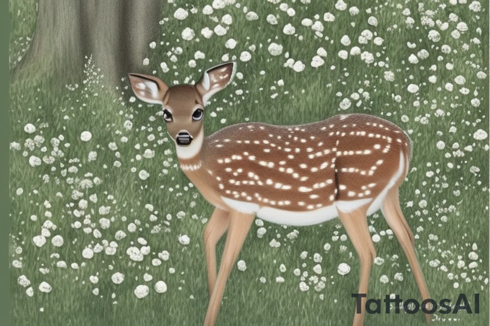 A clearing with a baby deer sleeping peacefully. There are apples nearby. The scene is in the woods, green coniferous and deciduous trees. The scene is surrounded by wildflowers and other foliage. Also include roses, asters, lily of the valley, minimal carnations. Incorporate the quote “sans peur” tattoo idea