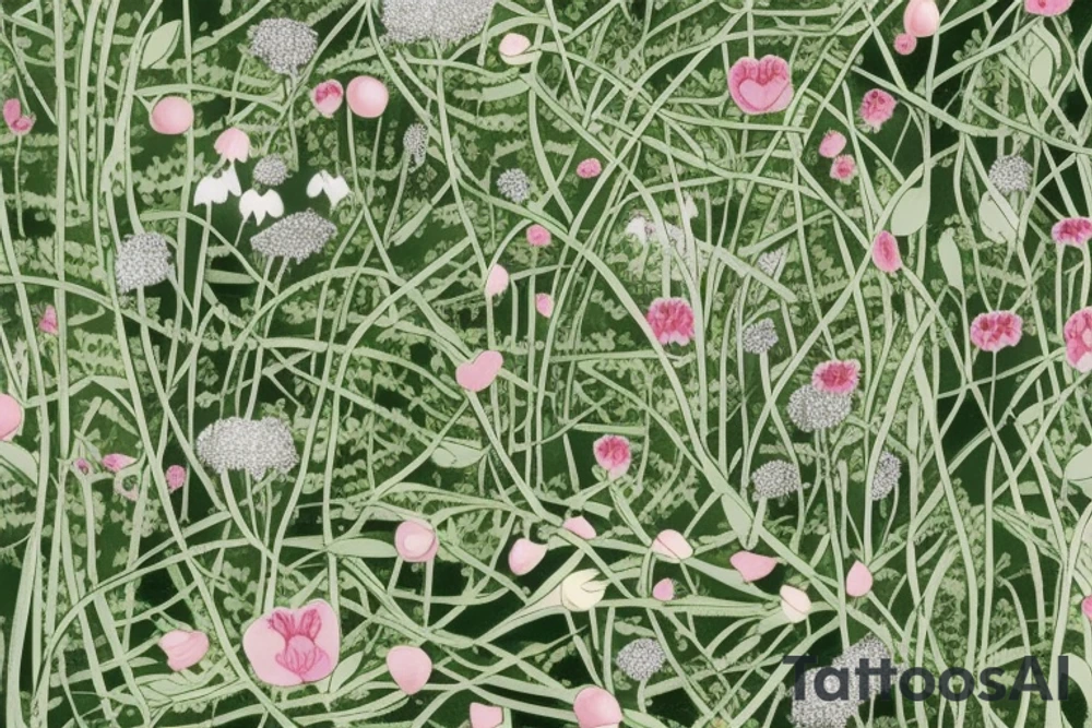 A clearing with a baby deer sleeping peacefully. There are apples nearby. The scene is in the woods, green coniferous and deciduous trees. The scene is surrounded by wildflowers and other foliage. Also include roses, asters, lily of the valley, minimal carnations. Incorporate the quote “sans peur” tattoo idea