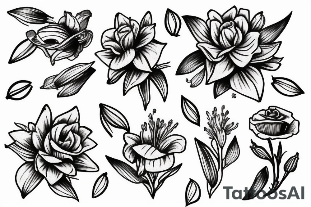 Flowers, wrapping around arm.

Lily if the valley, rose, aster tattoo idea
