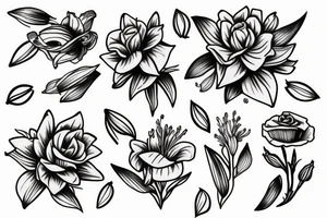 Flowers, wrapping around arm.

Lily if the valley, rose, aster tattoo idea