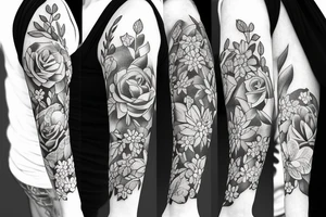 Flowers, wrapping around arm.

Lily if the valley, rose, aster tattoo idea