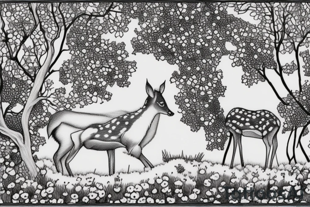 A clearing with a baby deer sleeping peacefully. There are apples nearby. The scene is in the woods, green coniferous and deciduous trees. The scene is surrounded by wildflowers and other foliage. Also include roses, asters, lily of the valley, minimal carnations. Incorporate the quote “sans peur” tattoo idea