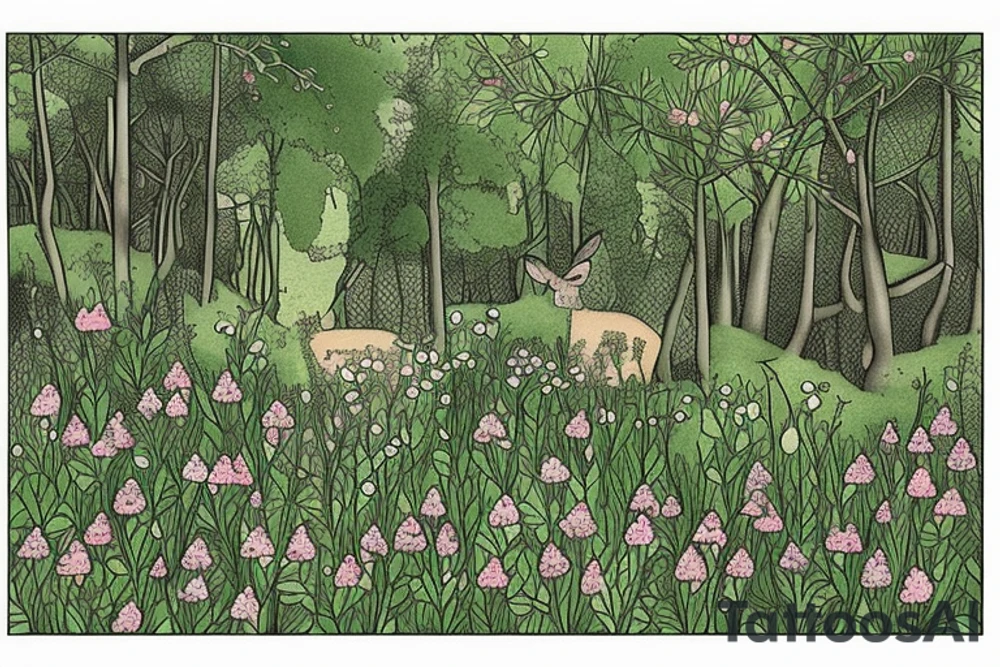 A clearing with a baby deer sleeping peacefully. There are apples nearby. The scene is in the woods, green coniferous and deciduous trees. The scene is surrounded by wildflowers and other foliage. Also include roses, asters, lily of the valley, minimal carnations. Incorporate the quote “sans peur” tattoo idea
