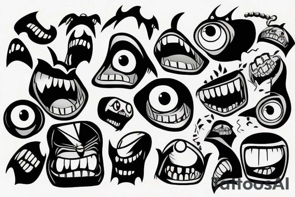 Monster head smiling in lego style tattoo idea