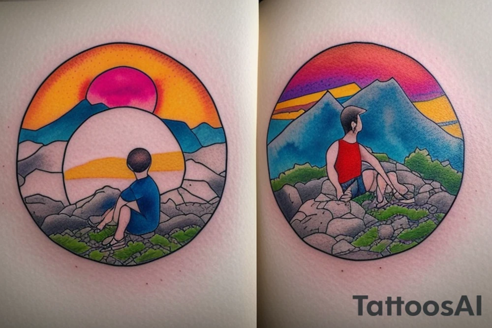 a little man sitting on the edge of a mountaintop watching the sun rise.  full color, highly detailed, circular tattoo idea