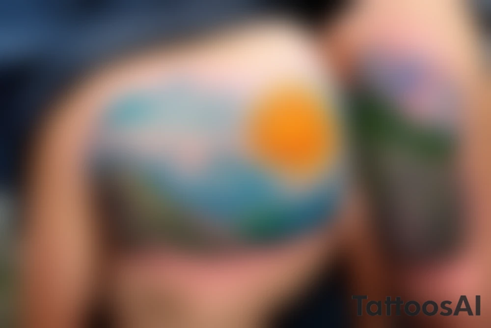 a little man sitting on the edge of a mountaintop watching the sun rise.  full color, highly detailed, circular tattoo idea