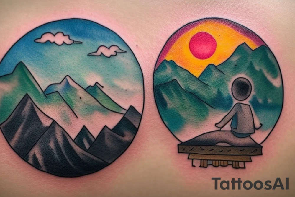 a little man sitting on the edge of a mountaintop watching the sun rise.  full color, highly detailed, circular tattoo idea