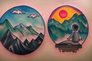 a little man sitting on the edge of a mountaintop watching the sun rise.  full color, highly detailed, circular tattoo idea
