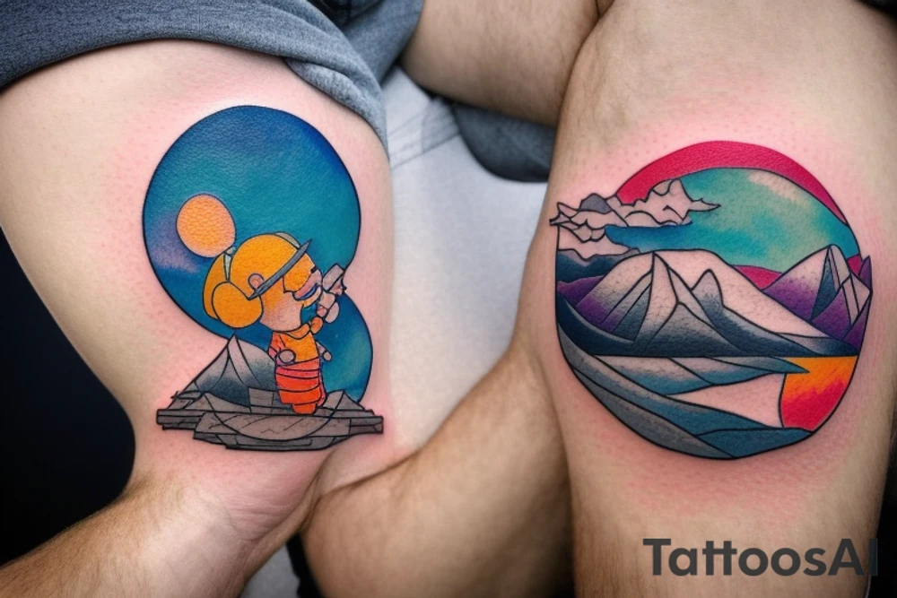 a little man sitting on the edge of a mountaintop watching the sun rise.  full color, highly detailed, circular tattoo idea