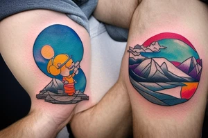 a little man sitting on the edge of a mountaintop watching the sun rise.  full color, highly detailed, circular tattoo idea