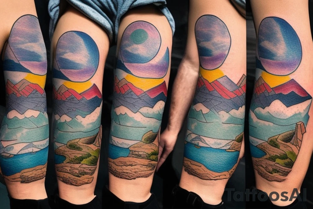 a little man sitting on the edge of a mountaintop watching the sun rise.  full color, highly detailed, circular tattoo idea