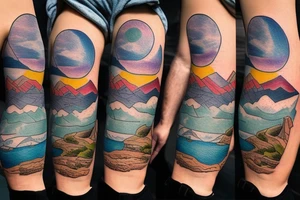 a little man sitting on the edge of a mountaintop watching the sun rise.  full color, highly detailed, circular tattoo idea