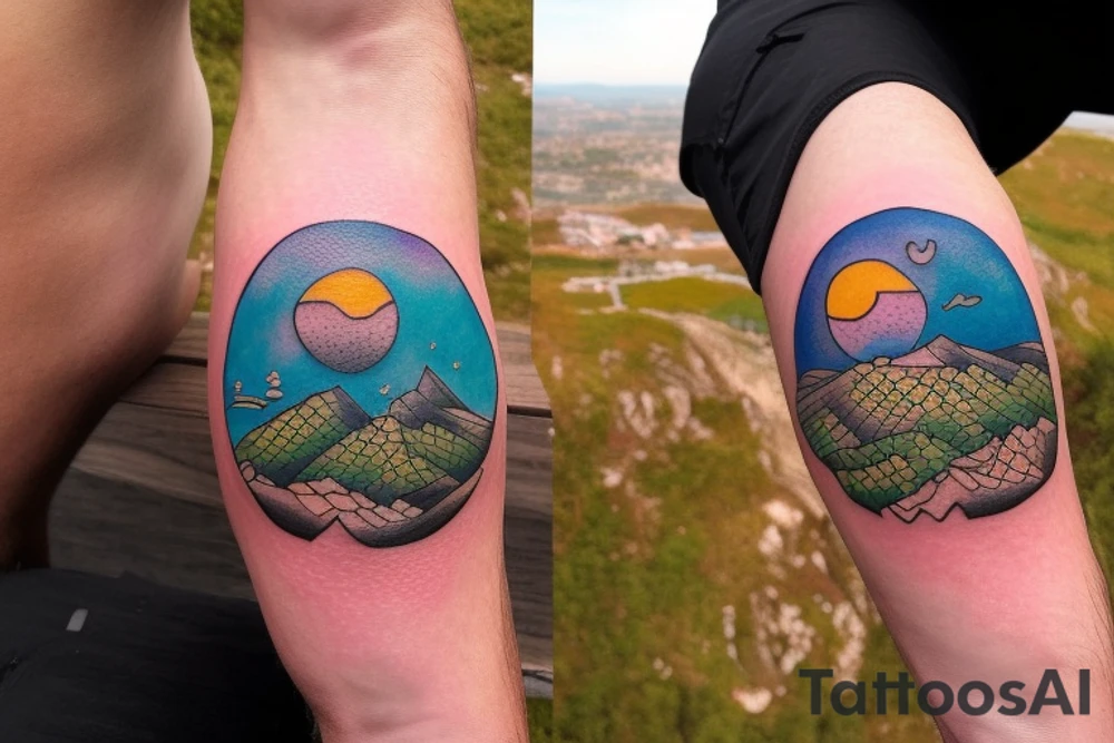 a little man sitting on the edge of a mountaintop watching the sun rise.  full color, highly detailed, circular tattoo idea