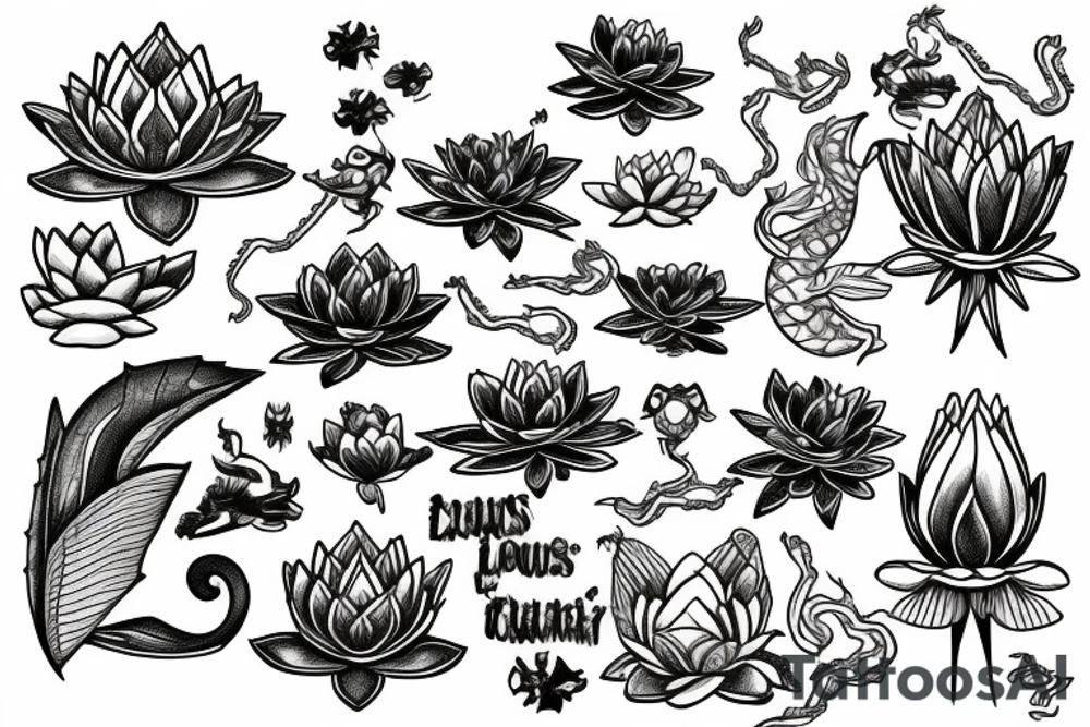 Lotus flower with lily pad and dragon fly tattoo idea