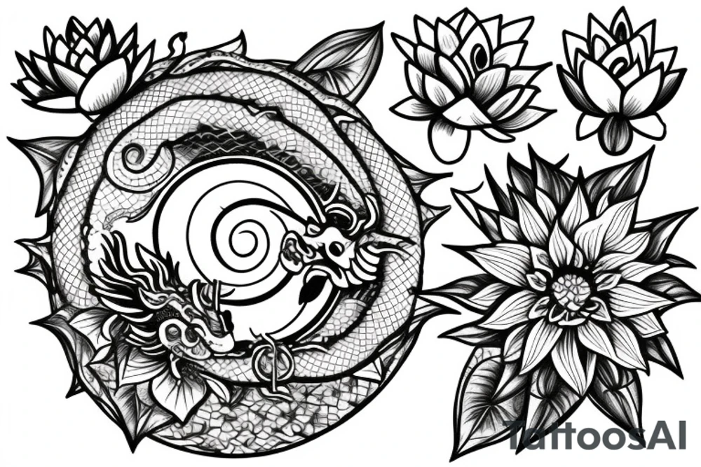 Lotus flower with lily pad and dragon fly tattoo idea
