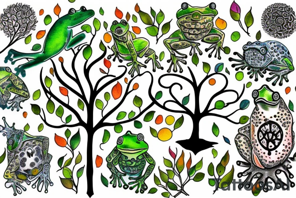 Colorful Tree of life with Frog and Dad/daughter tattoo idea
