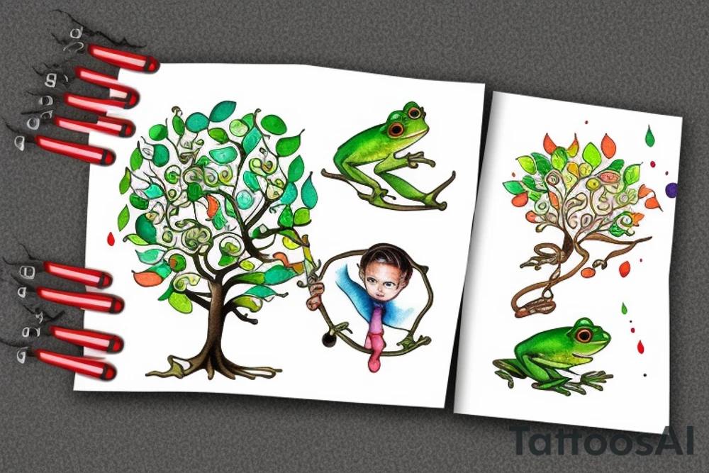 Colorful tree with swing dad/daugher and small frog tattoo idea