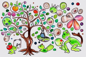 Colorful tree with swing dad/daugher and small frog tattoo idea