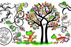 Colorful tree with swing dad/daugher and small frog tattoo idea