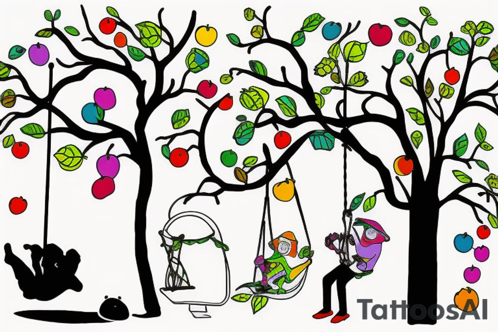 Colorful tree with swing dad/daugher and small frog tattoo idea