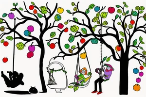 Colorful tree with swing dad/daugher and small frog tattoo idea