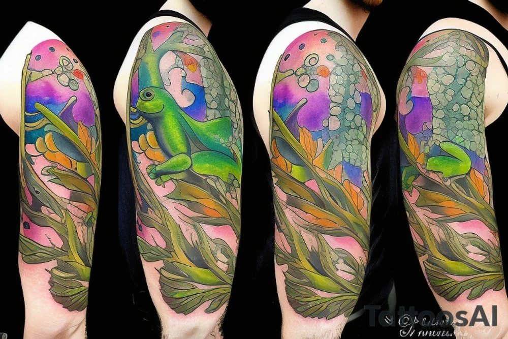 Frog with back ground tree colorful tattoo idea