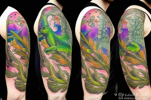 Frog with back ground tree colorful tattoo idea