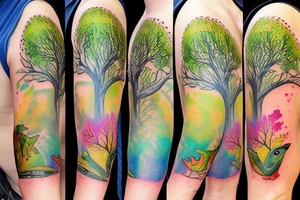 Frog with back ground tree colorful sleeve tattoo idea