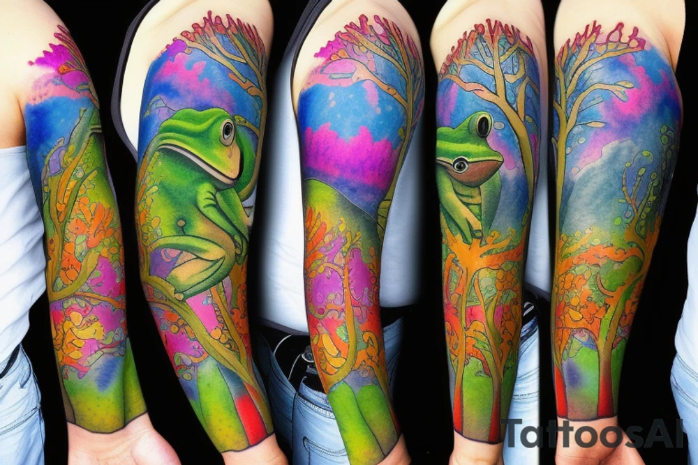 Frog with back ground tree colorful sleeve tattoo idea