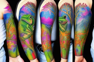 Frog with back ground tree colorful sleeve tattoo idea