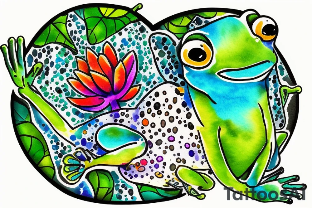 Frog with back ground colorful tree and in memory of Dadsleeve tattoo idea