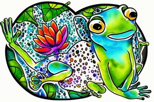 Frog with back ground colorful tree and in memory of Dadsleeve tattoo idea