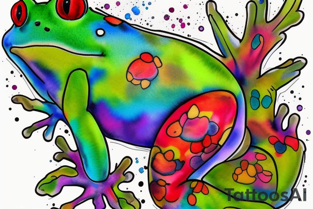 Frog with back ground colorful tree and in memory of Dadsleeve tattoo idea