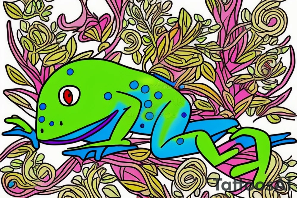 Frog with back ground colorful tree and in memory of Dadsleeve tattoo idea
