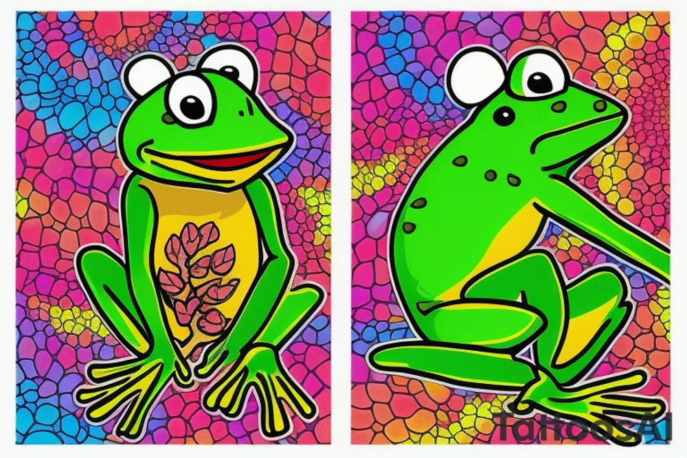 Frog with back ground colorful tree and in memory of Dadsleeve tattoo idea