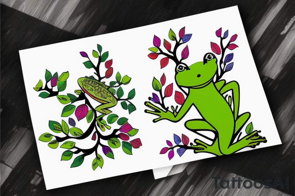 Frog with back ground colorful tree and in memory of Dadsleeve tattoo idea
