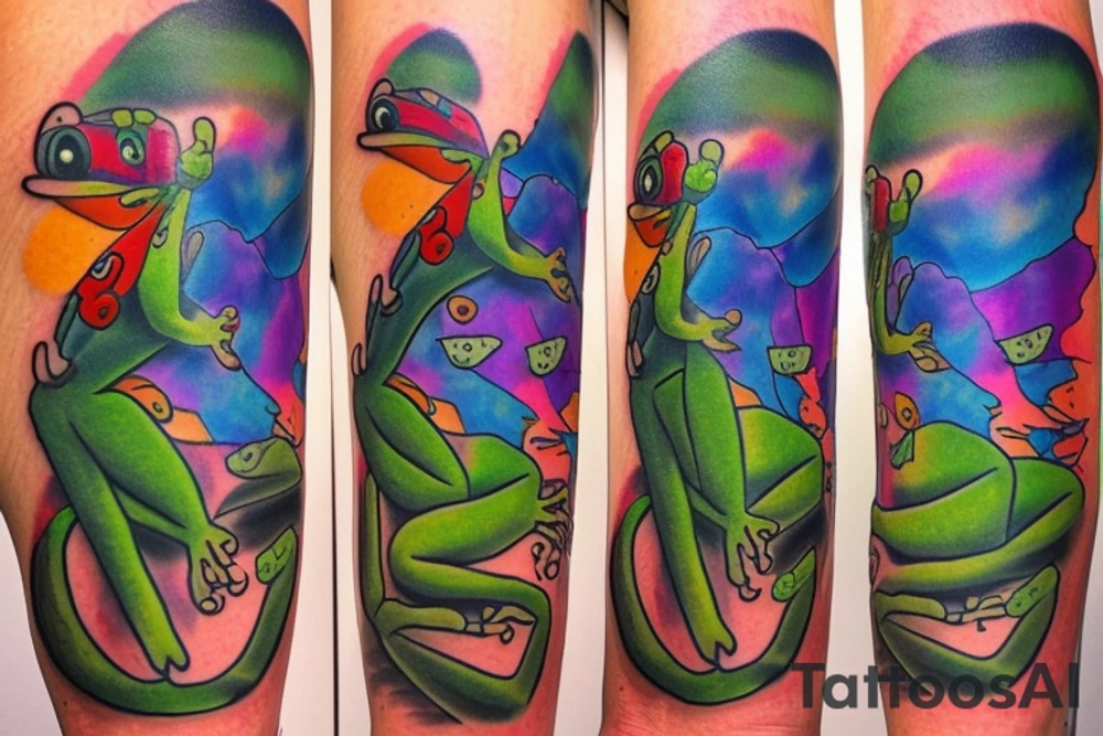 Frog with back ground colorful tree and in memory of Dadsleeve tattoo idea